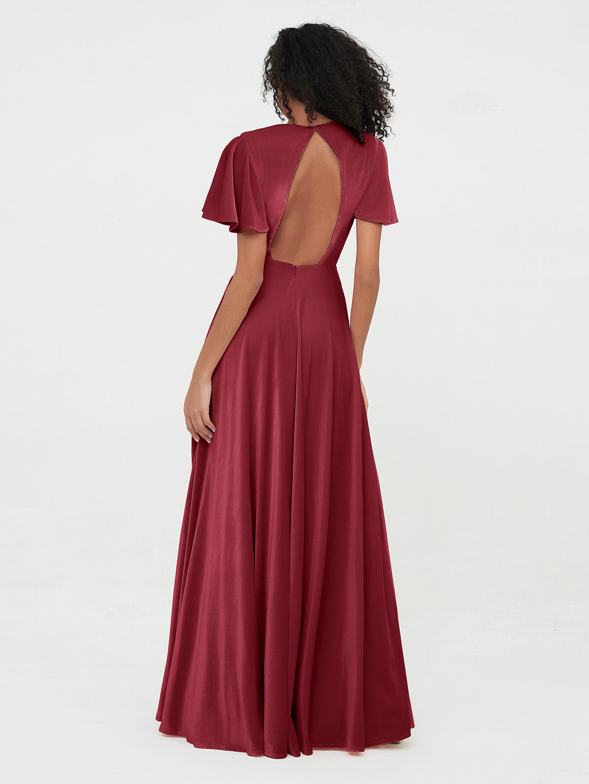 Open Back Max Velvet Dresses with Flutter Sleeves Burgundy