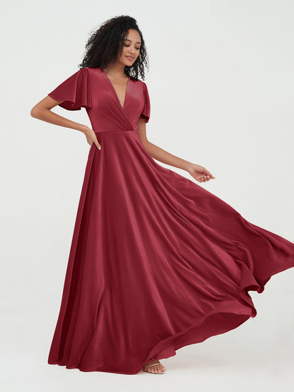Open Back Max Velvet Dresses with Flutter Sleeves Burgundy