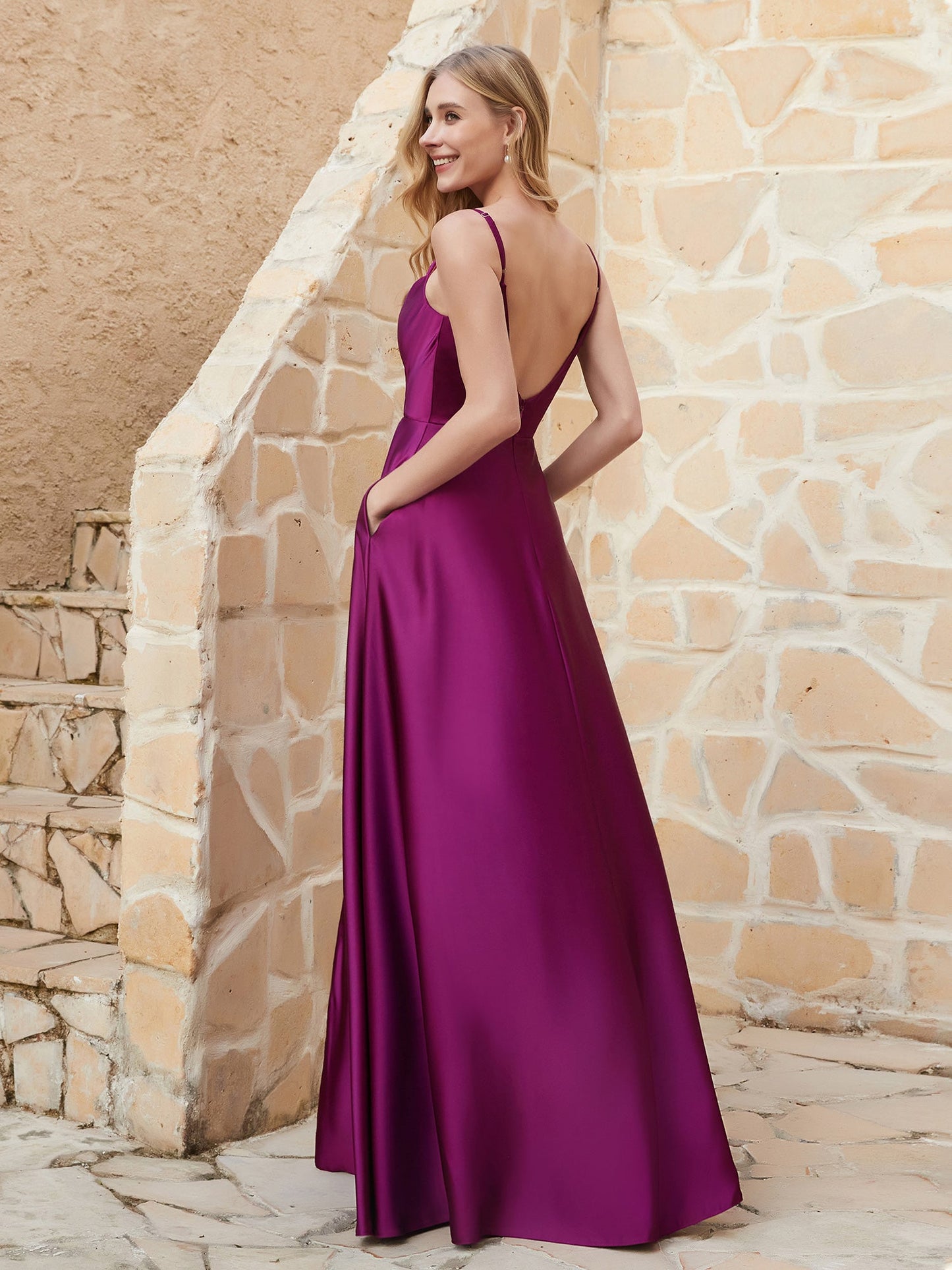A Line Cowl Neck Satin Dress With Slit Orchid