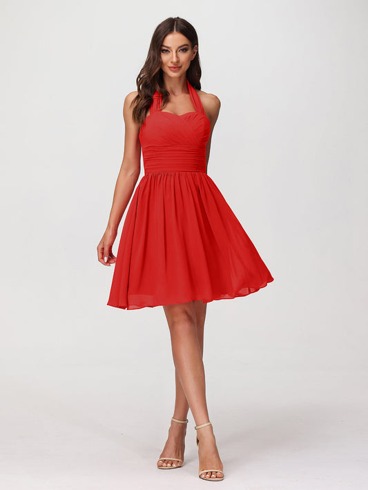 Halter Sweetheart Chiffon Short Dressses Red