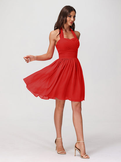 Halter Sweetheart Chiffon Short Dressses Red