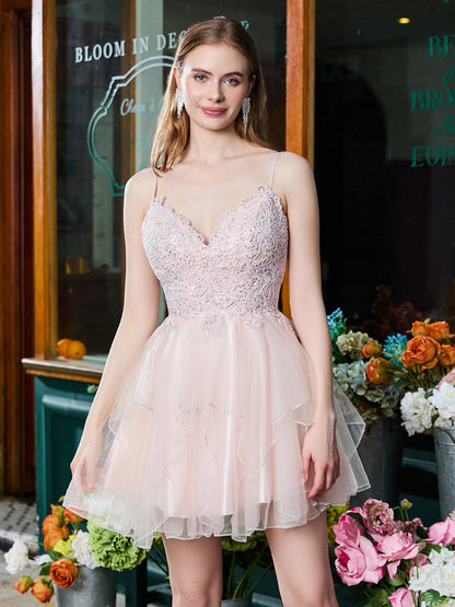 V-neck Applique Pleated Tulle Short Prom Dress Pearl Pink