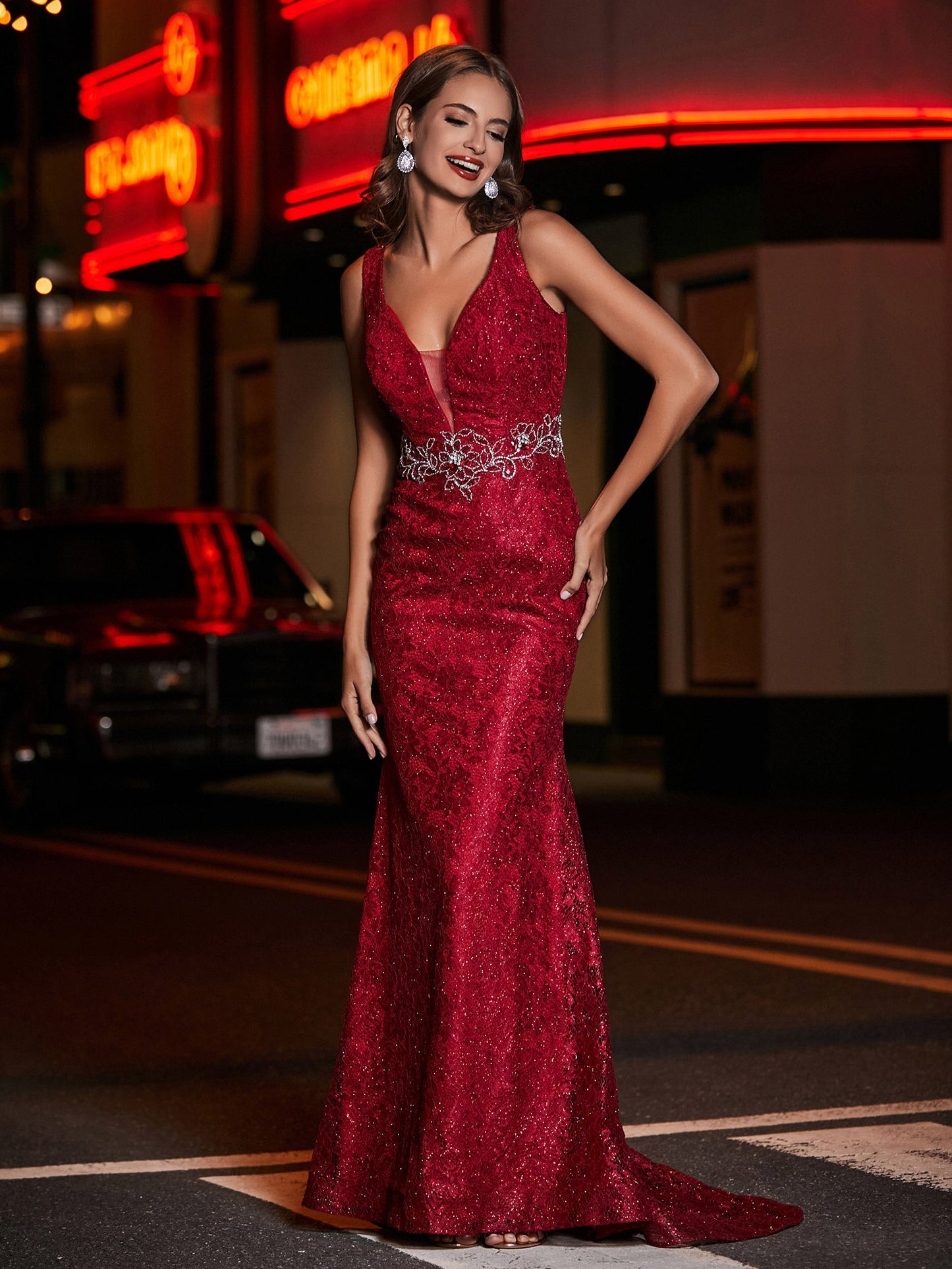 Long Sheath Plunging V-neck Lace Dress Burgundy