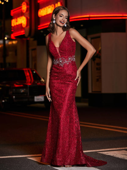 Long Sheath Plunging V-neck Lace Dress Burgundy
