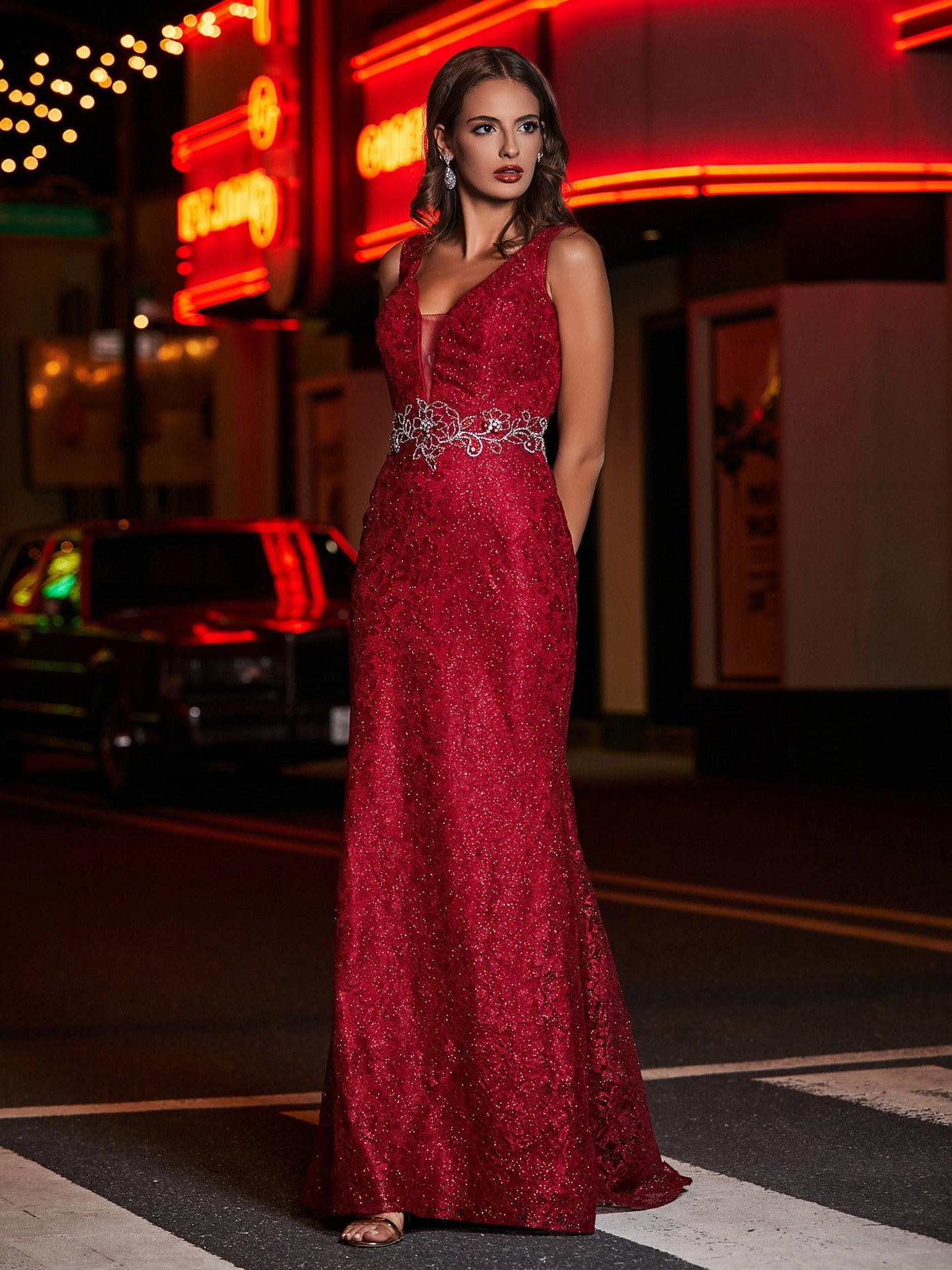 Long Sheath Plunging V-neck Lace Dress Burgundy