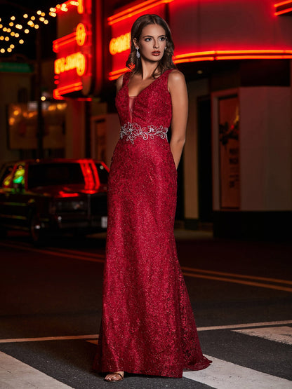 Long Sheath Plunging V-neck Lace Dress Burgundy