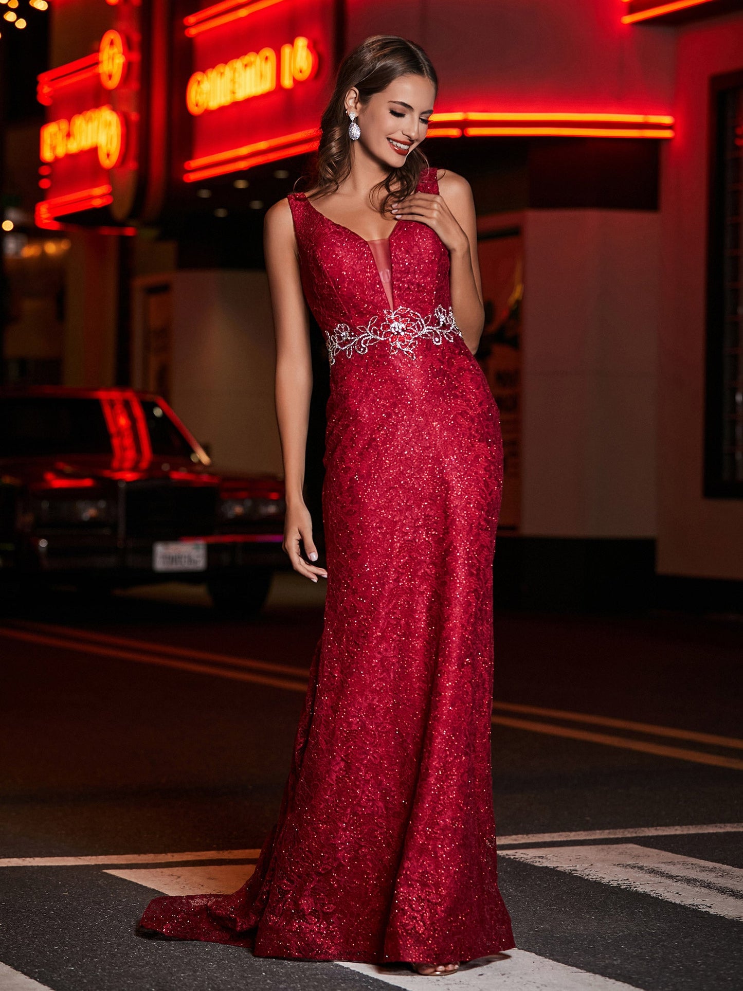Long Sheath Plunging V-neck Lace Dress Burgundy