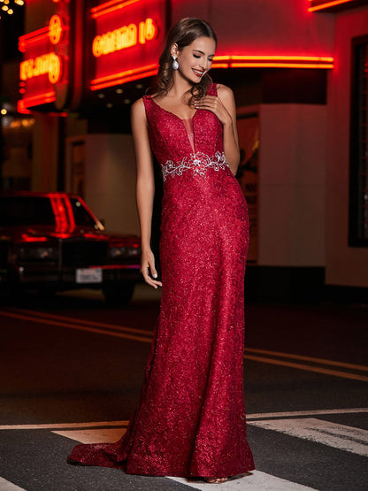 Long Sheath Plunging V-neck Lace Dress Burgundy