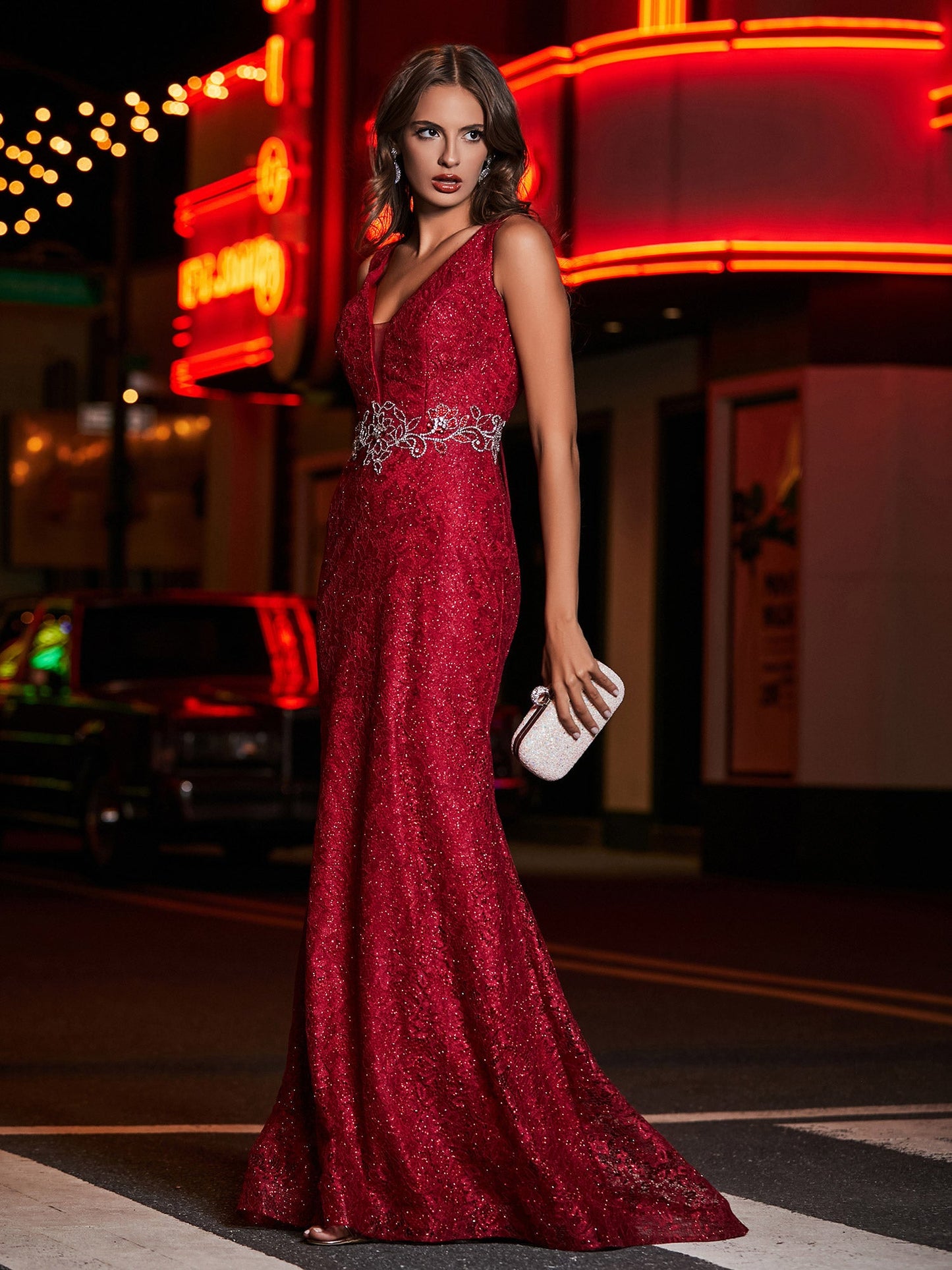 Long Sheath Plunging V-neck Lace Dress Burgundy