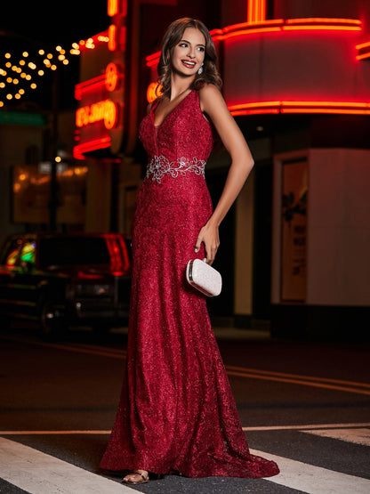 Long Sheath Plunging V-neck Lace Dress Burgundy