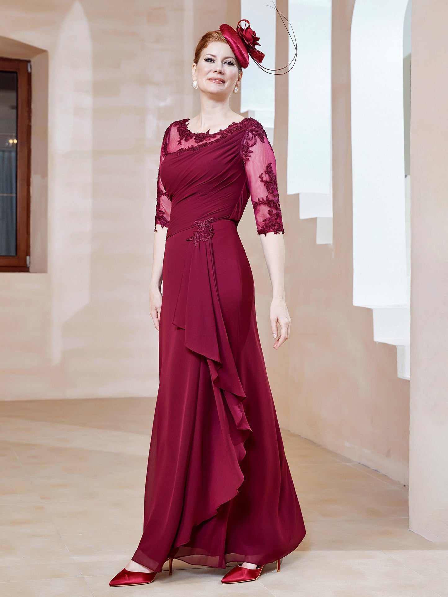 Scoop Lace Neckline Ruffles Sheath Dress Burgundy