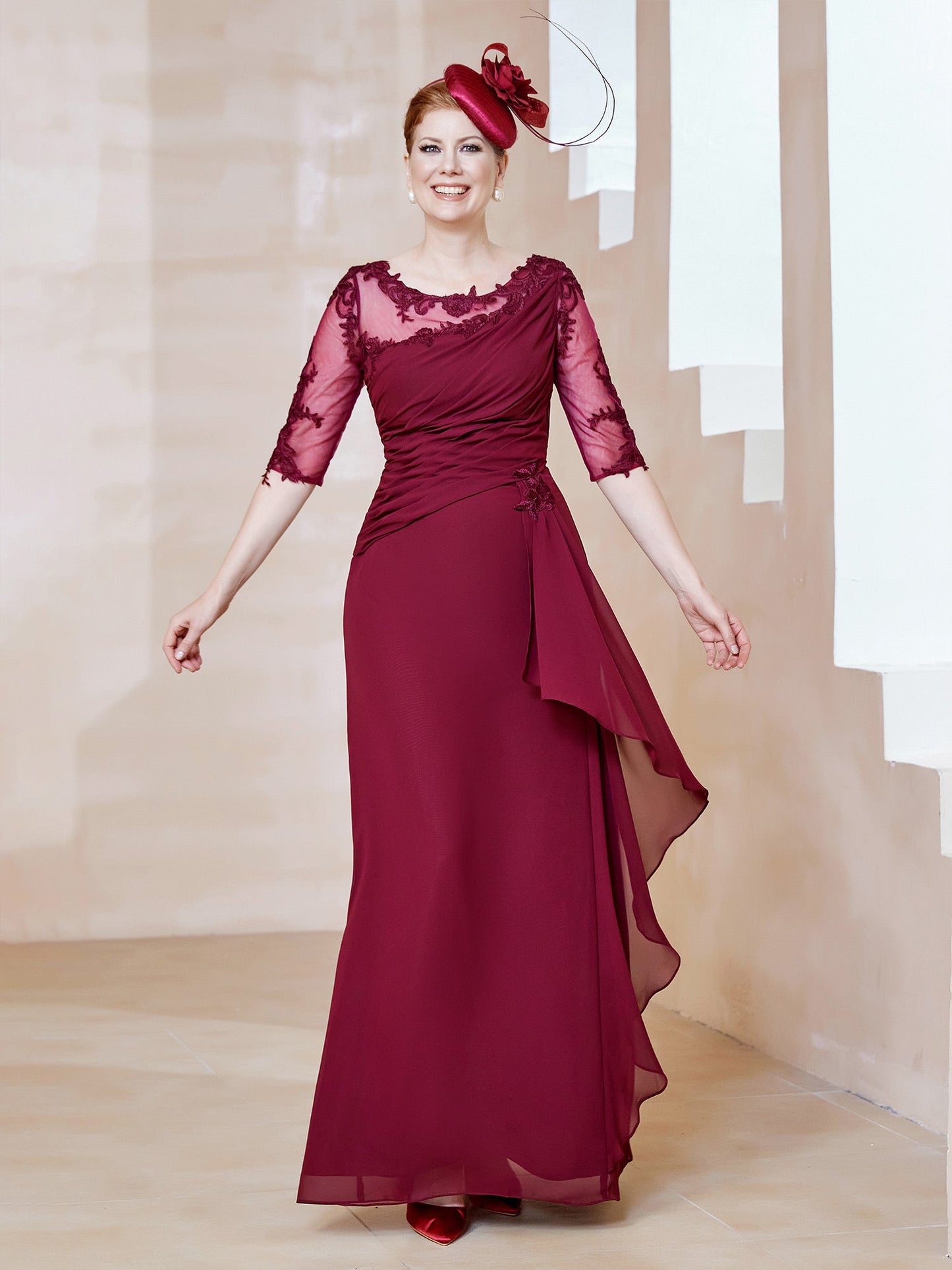 Scoop Lace Neckline Ruffles Sheath Dress Burgundy