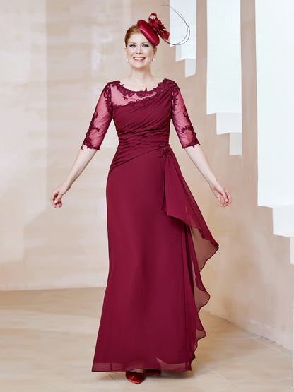 Scoop Lace Neckline Ruffles Sheath Dress Burgundy