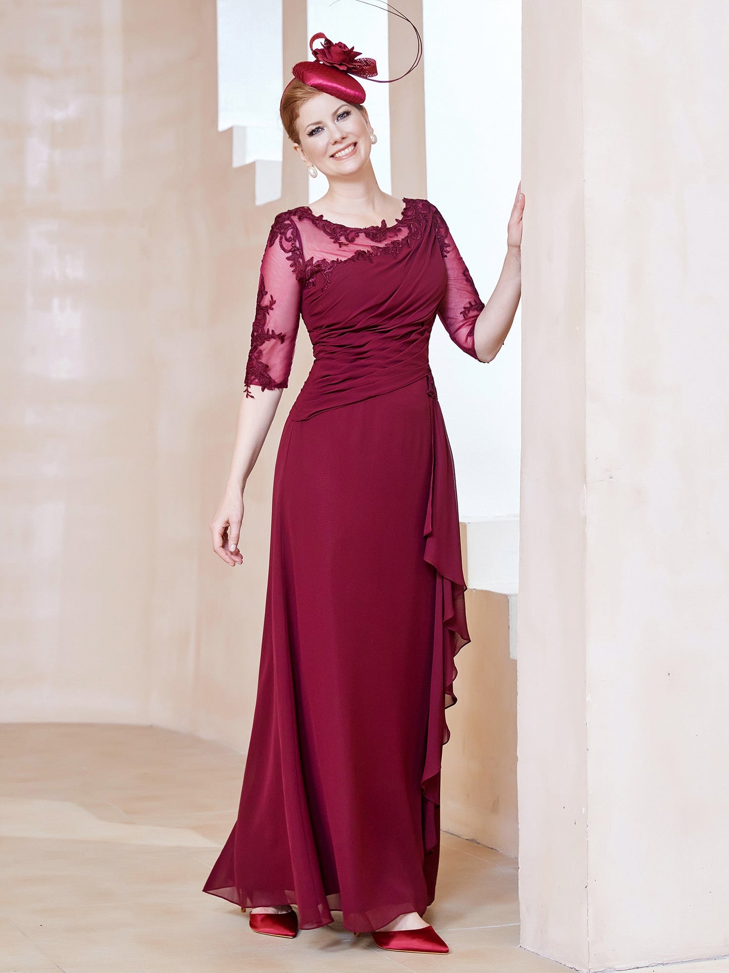 Scoop Lace Neckline Ruffles Sheath Dress Burgundy