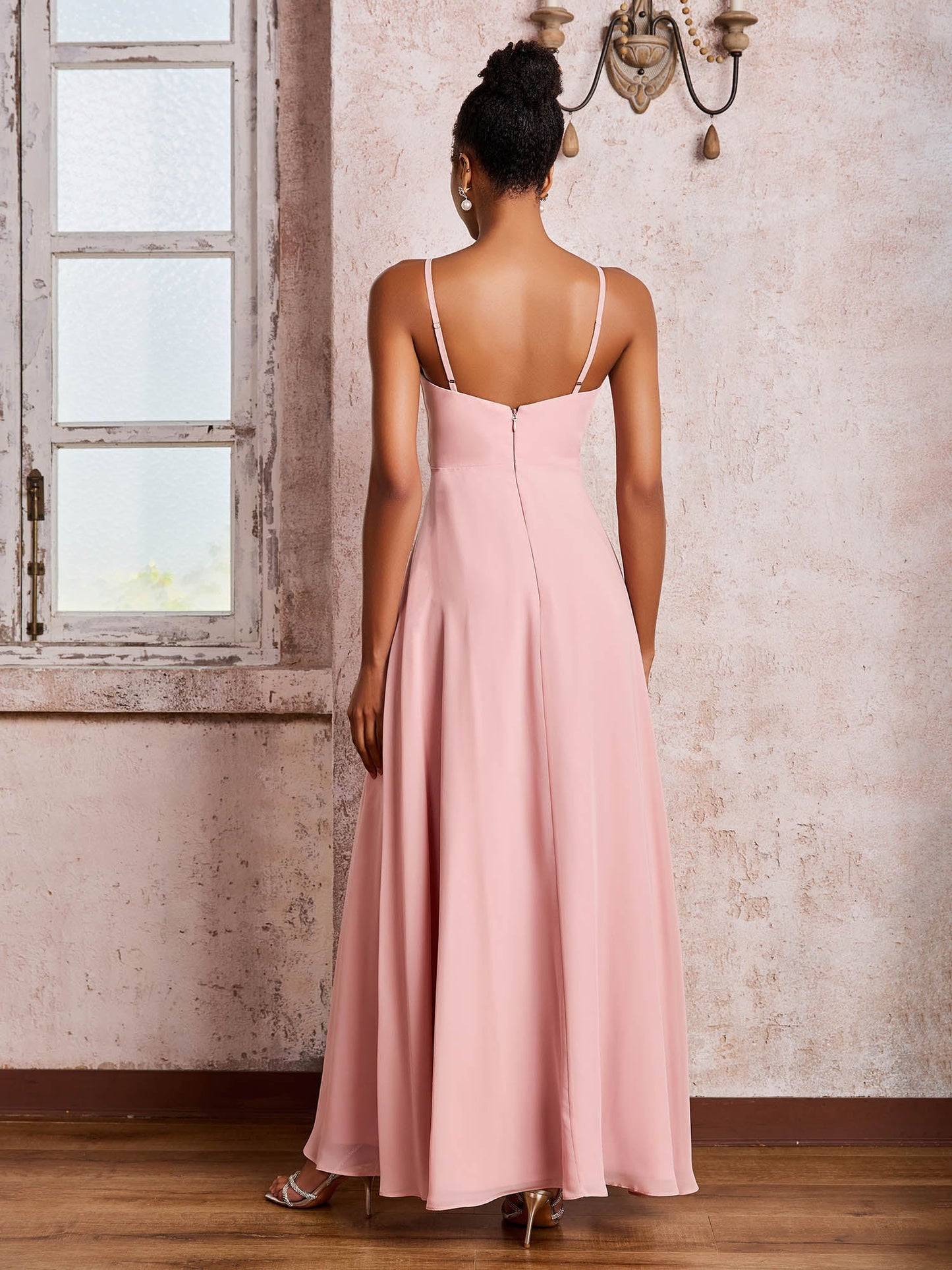 V-neck Ruffle Slit Chiffon Dresses with Cascade Skirt Dusty Rose