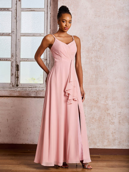 V-neck Ruffle Slit Chiffon Dresses with Cascade Skirt Dusty Rose