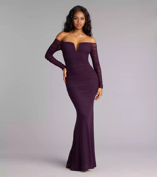 Elegant off shoulder steel ring collar with pleated chiffon slim fit long sleeved mermaid silhouette and floor skirt Prom Dresses