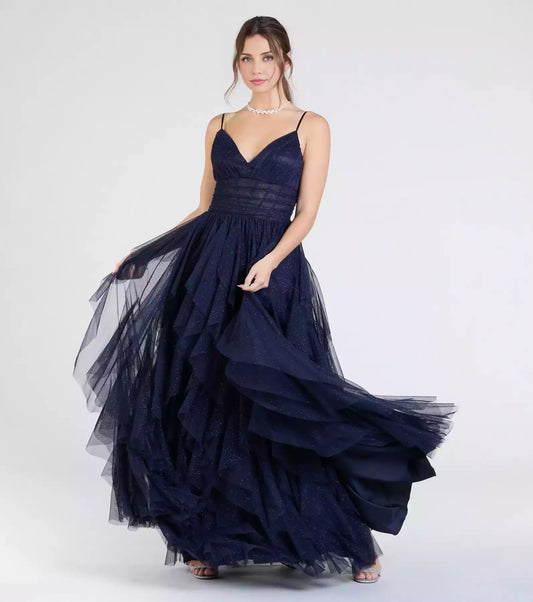 Gorgeous shimmering mesh lining V-neck adjustable thin shoulder straps transparent tight corset ruffled A-line silhouette Prom Dresses