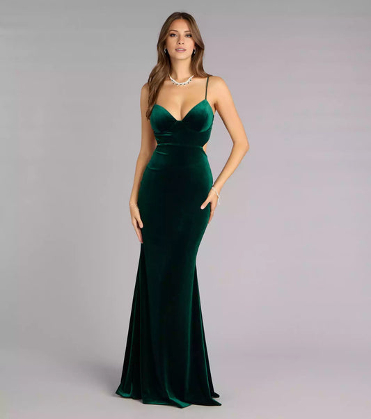 Soft mermaid velvet elastic knitted lining V-neck adjustable thin shoulder strap back hollow Prom Dresses