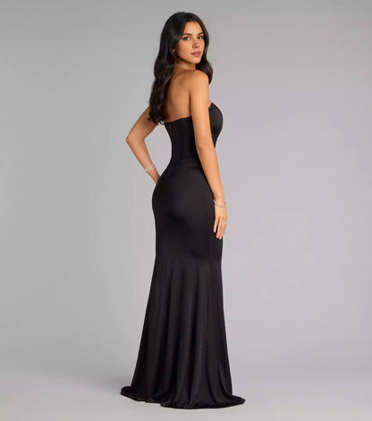 Exquisite high-quality satin strapless round neck tight corset with hollowed out sides and pleated details at the waist Prom Dresses