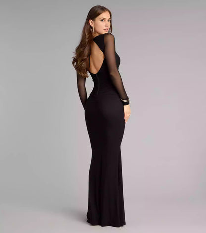 Elegant and exquisite round neck transparent slim fit long sleeved backless hollow mermaid silhouette and floor skirt Prom Dresses