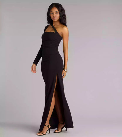 Prom Dresses with a charming single shoulder neckline, hollowed out slim fit, long sleeved column silhouette, and floor skirt