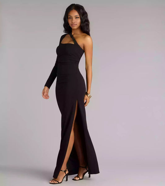 Prom Dresses with a charming single shoulder neckline, hollowed out slim fit, long sleeved column silhouette, and floor skirt