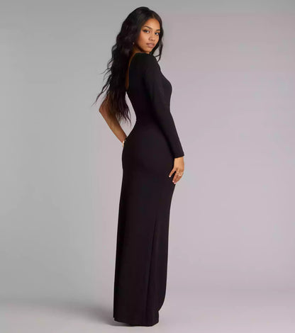 Prom Dresses with a charming single shoulder neckline, hollowed out slim fit, long sleeved column silhouette, and floor skirt