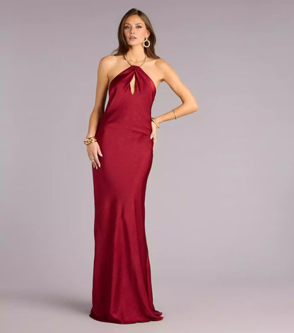 Charming satin halter neckline, backless, adjustable shoulder straps, draped pleats, mermaid silhouette and hemline Prom Dresses