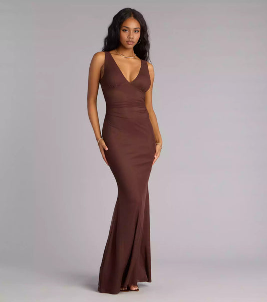 Elegant dangling V-neck wide shoulder strap, backless lace up mermaid silhouette and floor skirt Prom Dresses