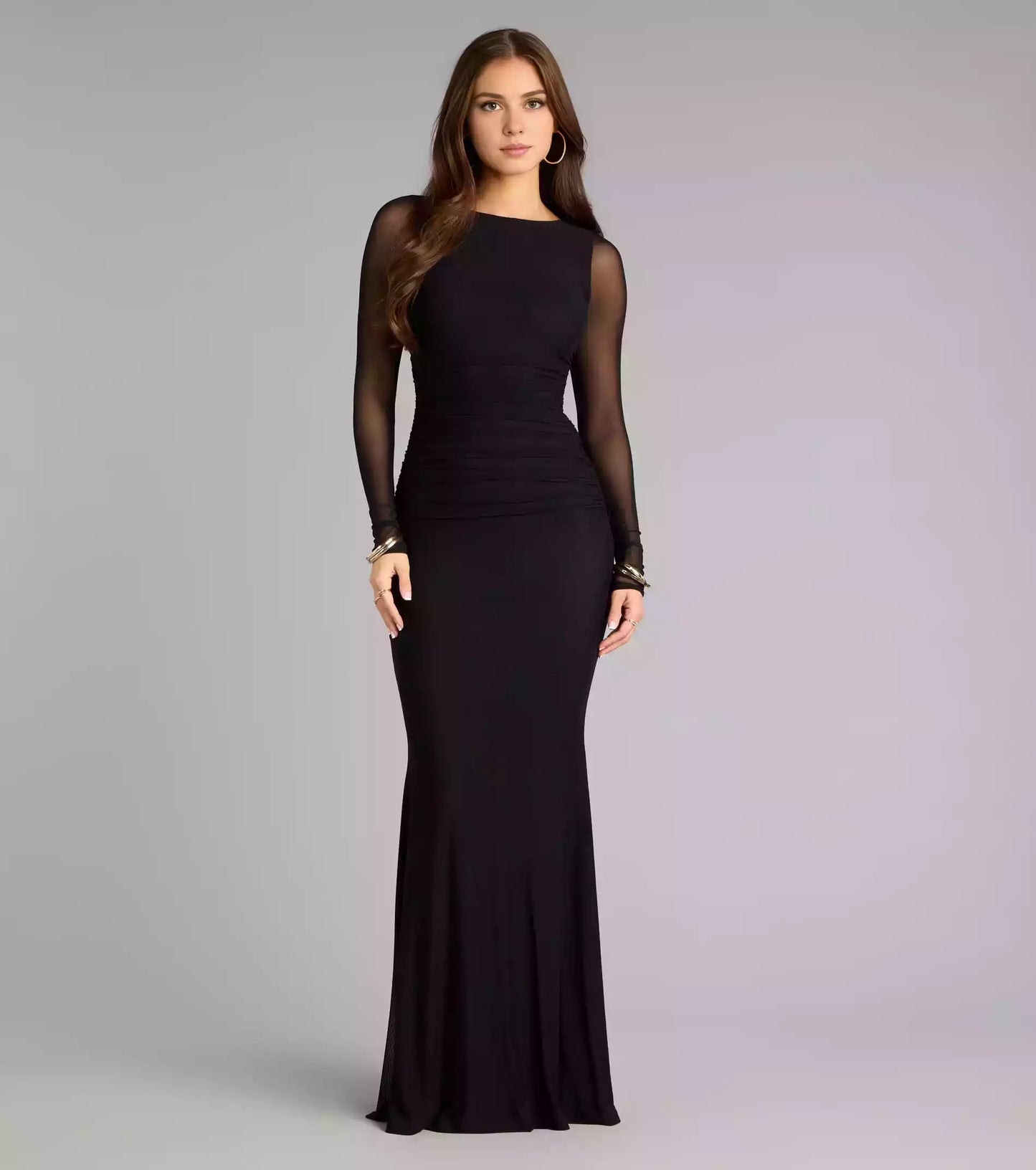 Elegant and exquisite round neck transparent slim fit long sleeved backless hollow mermaid silhouette and floor skirt Prom Dresses