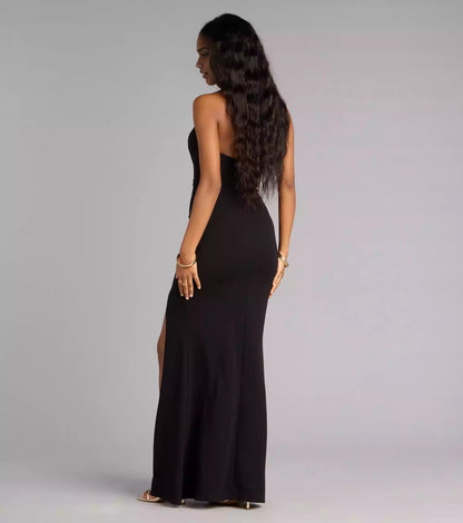 Full of charm, strapless heart-shaped neckline, crepe tight corset, high slit mermaid silhouette, and floor skirt Prom Dresses