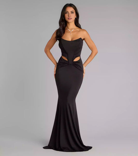 Exquisite high-quality satin strapless round neck tight corset with hollowed out sides and pleated details at the waist Prom Dresses
