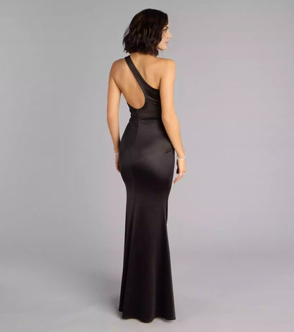 Enchanting stretch satin lining, one shoulder neckline, hollowed out high slit at the back, mermaid silhouette and floor skirt Prom Dresses