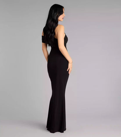 Elegant and exquisite single shoulder neckline with hollowed out mermaid silhouette and floor skirt Prom Dresses