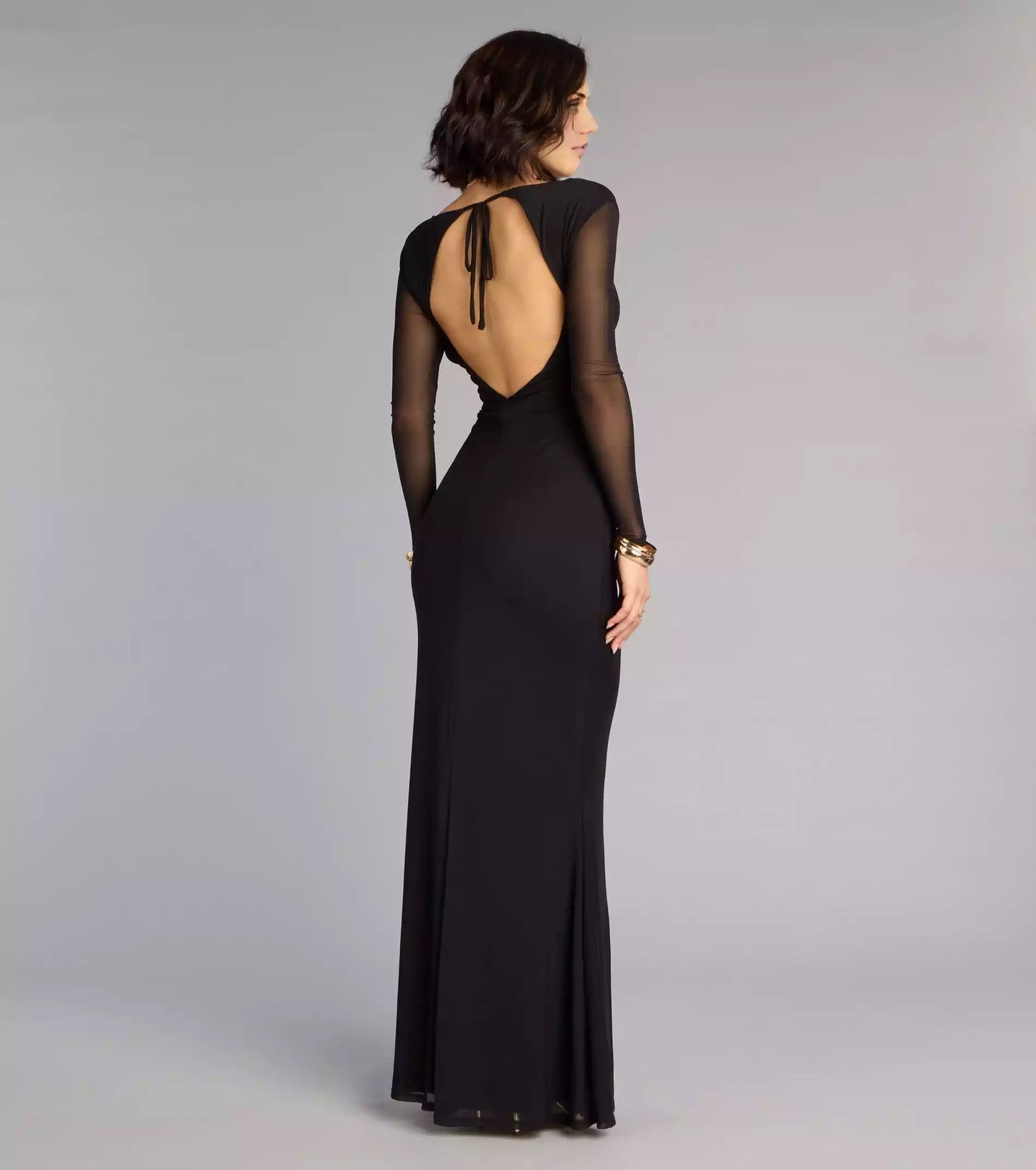 Enchanting deep V-neck slim fit sheer long sleeved waist with hollowed out lace up details mermaid silhouette Prom Dresses
