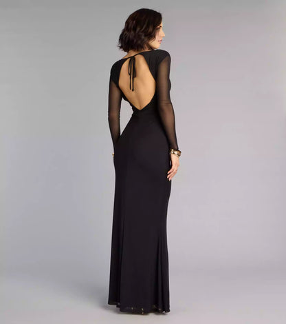 Enchanting deep V-neck slim fit sheer long sleeved waist with hollowed out lace up details mermaid silhouette Prom Dresses