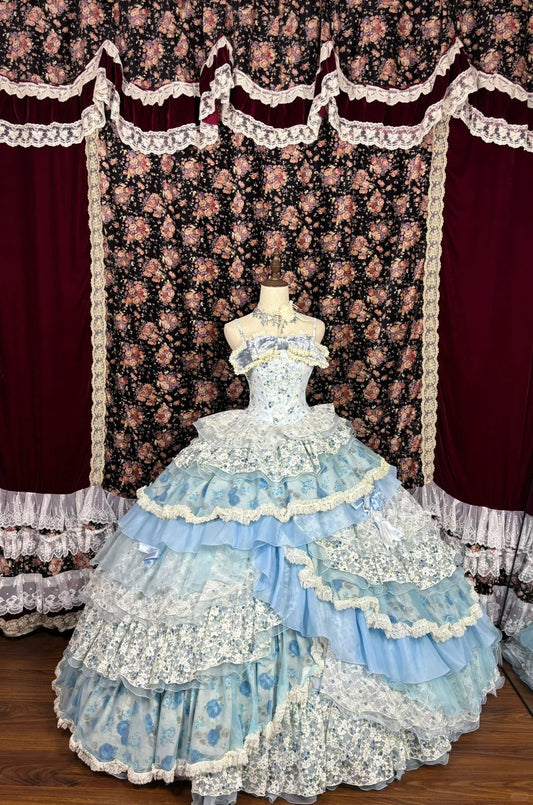 Blue floral sweet cute elegant long satin tulle ball gown evening dress gh4769