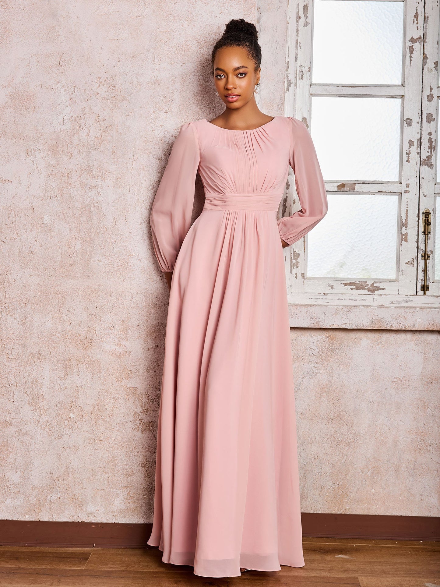 Bateau Neck Long Sleeves Ruched A-line Chiffon Dresses Dusty Rose