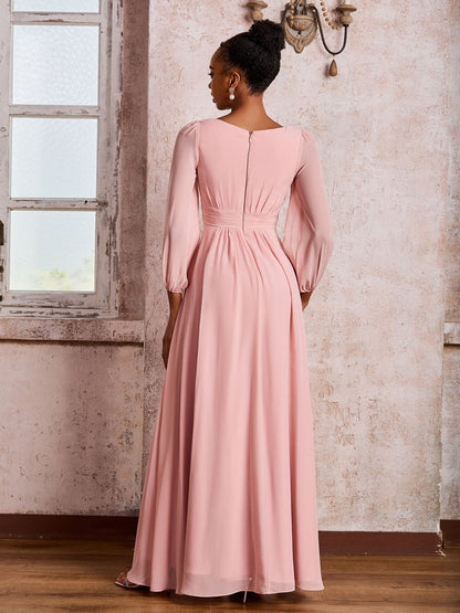 Bateau Neck Long Sleeves Ruched A-line Chiffon Dresses Dusty Rose