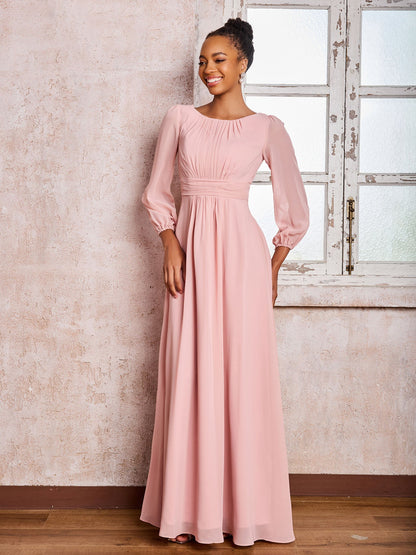 Bateau Neck Long Sleeves Ruched A-line Chiffon Dresses Dusty Rose