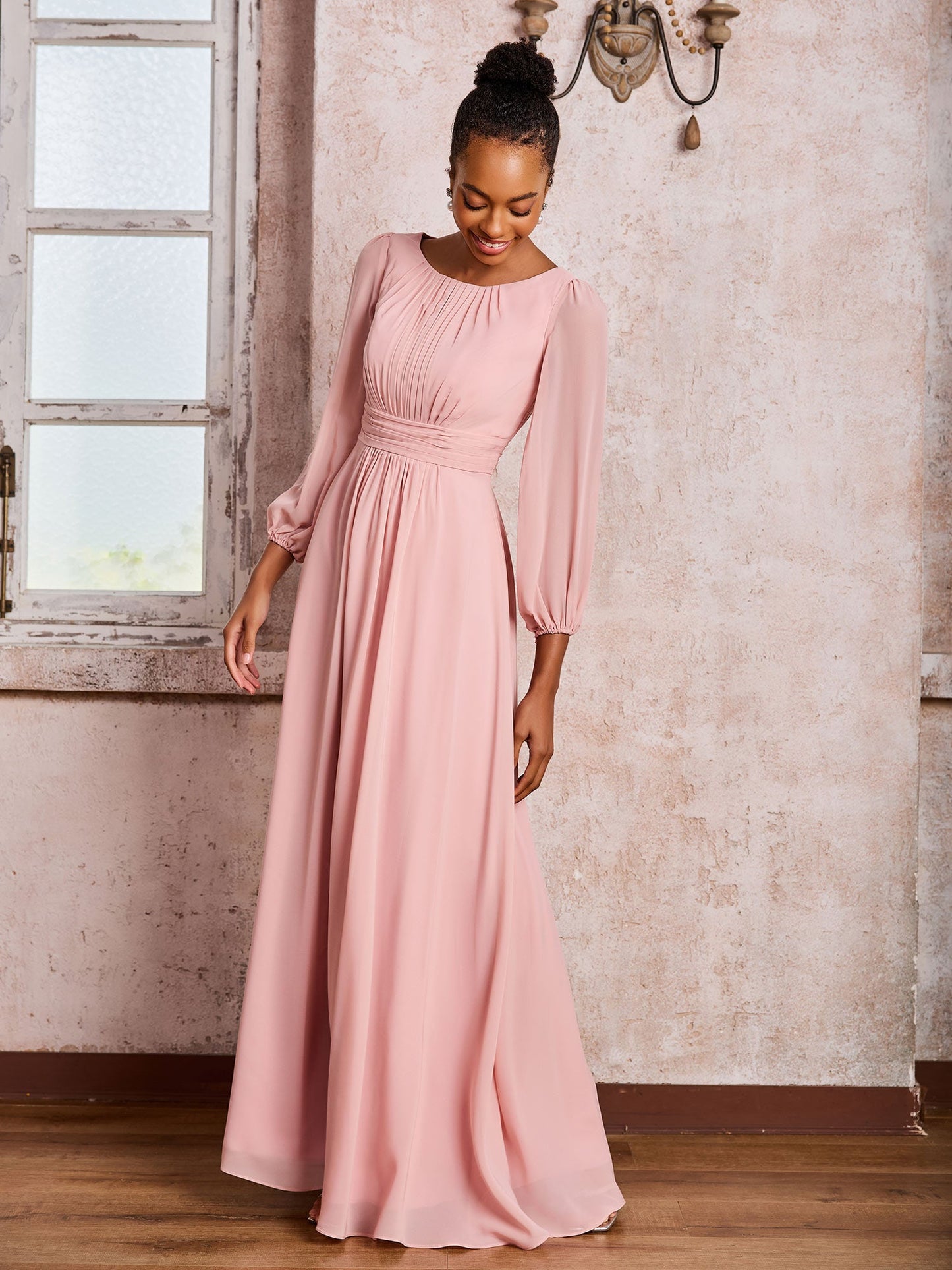 Bateau Neck Long Sleeves Ruched A-line Chiffon Dresses Dusty Rose