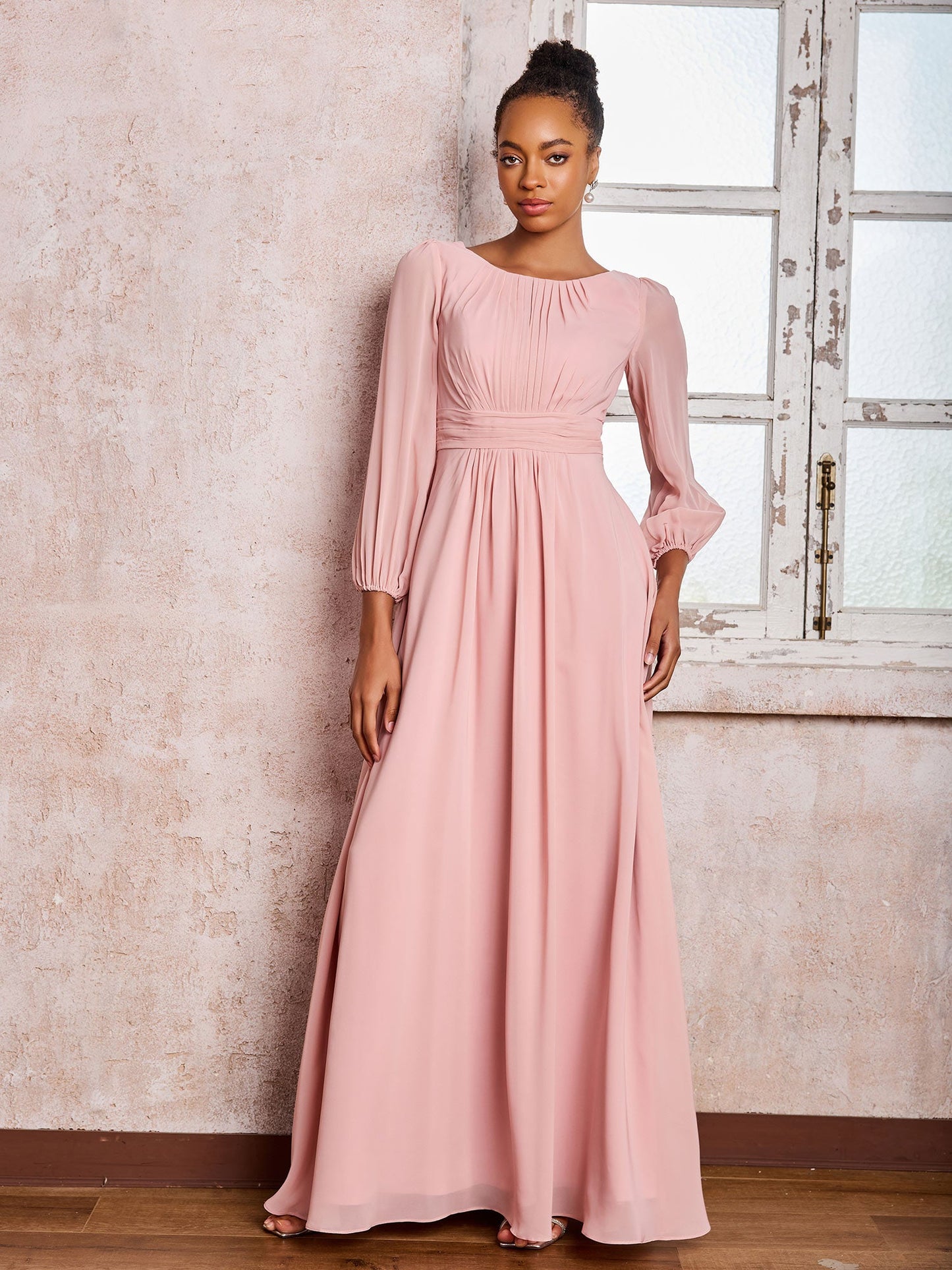 Bateau Neck Long Sleeves Ruched A-line Chiffon Dresses Dusty Rose