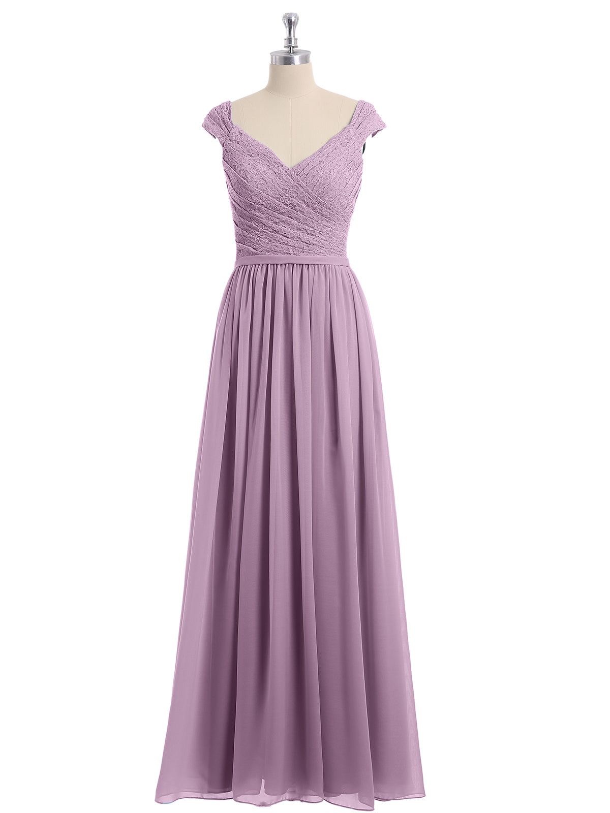 Lace Top Chiffon Bottom Dress with Cap Sleeves Wisteria