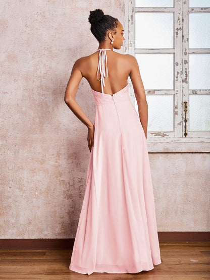 Halter Lace Top Sleeveless Chiffon Long Gowns Blushing Pink
