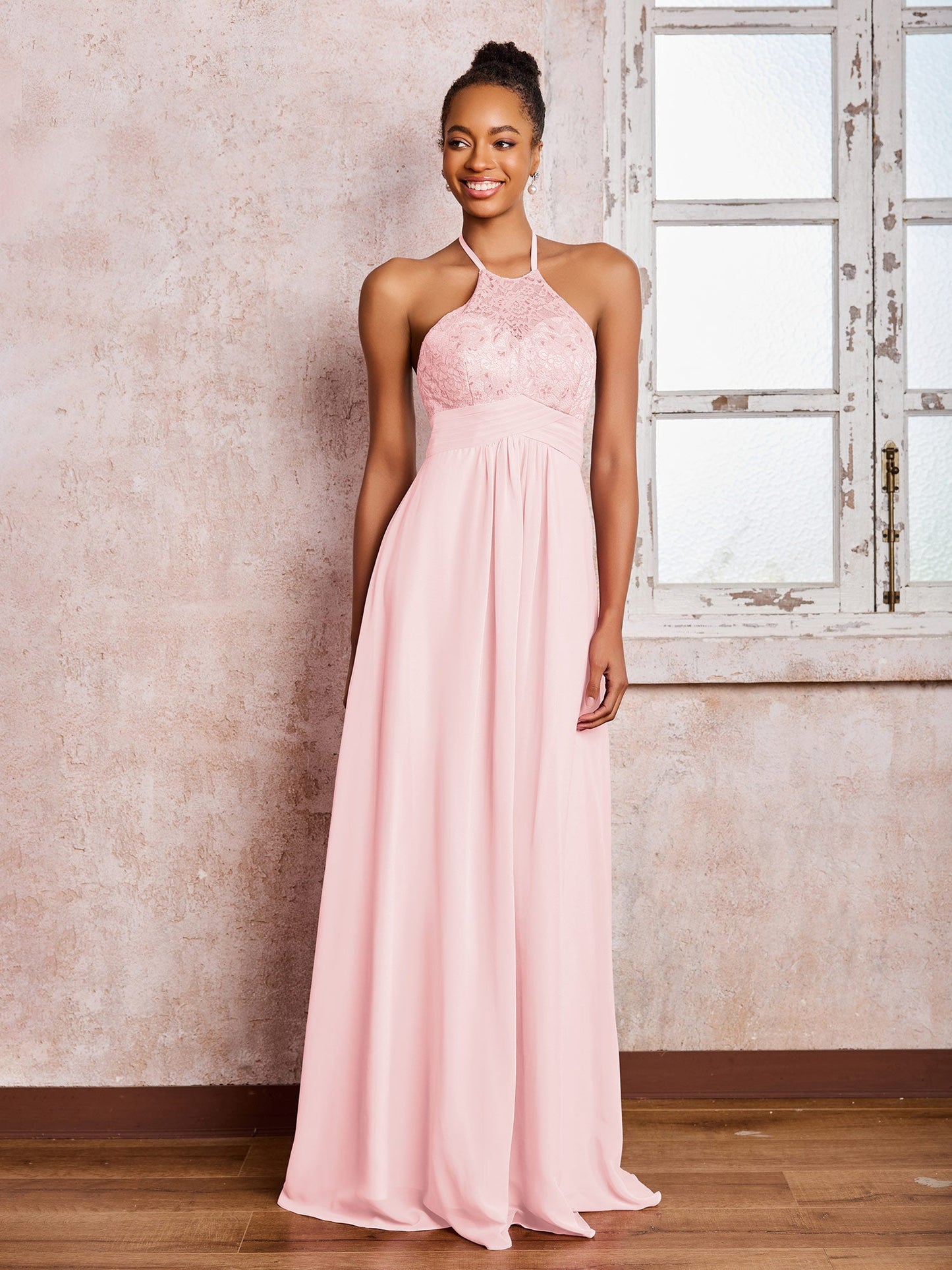 Halter Lace Top Sleeveless Chiffon Long Gowns Blushing Pink