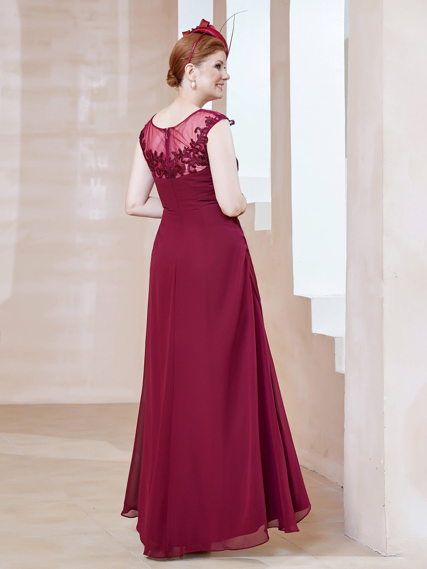 Illusion Lace Neckline Asymmetrical A-Line Dress Burgundy