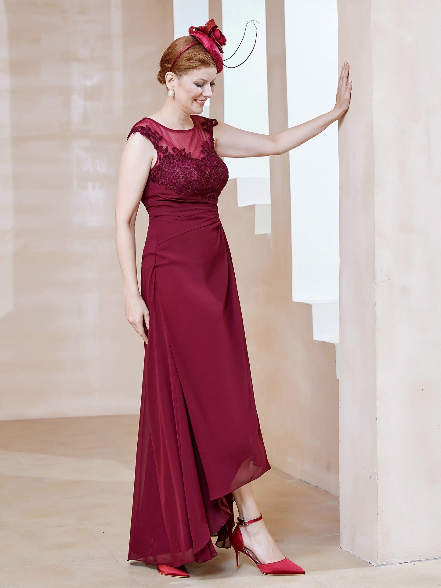 Illusion Lace Neckline Asymmetrical A-Line Dress Burgundy