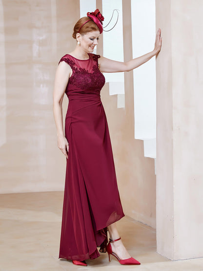 Illusion Lace Neckline Asymmetrical A-Line Dress Burgundy
