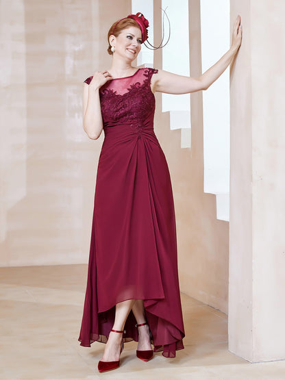 Illusion Lace Neckline Asymmetrical A-Line Dress Burgundy